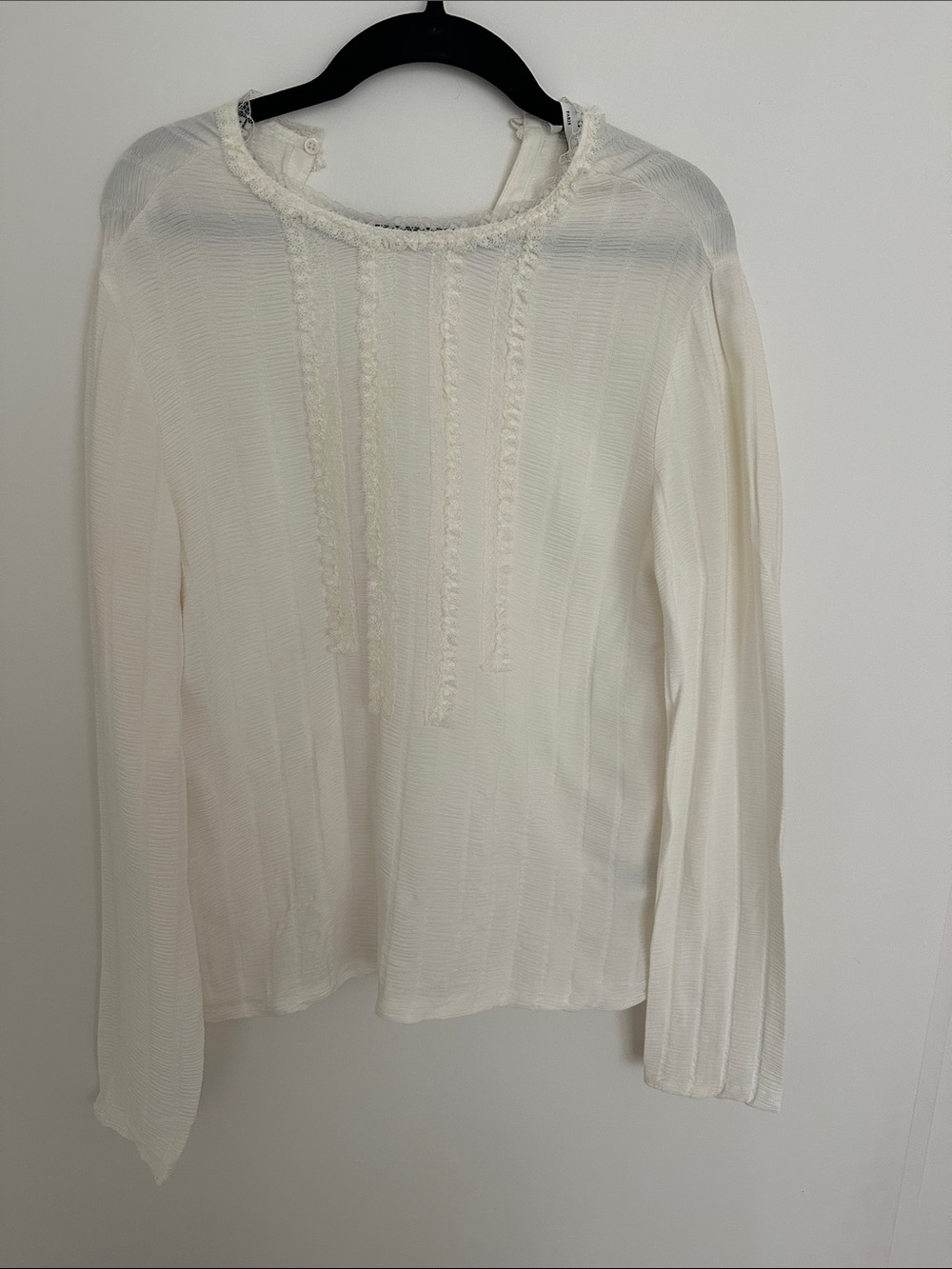 Sandro Paris Cream Long-Sleeve Textured Top with Lace Trim
